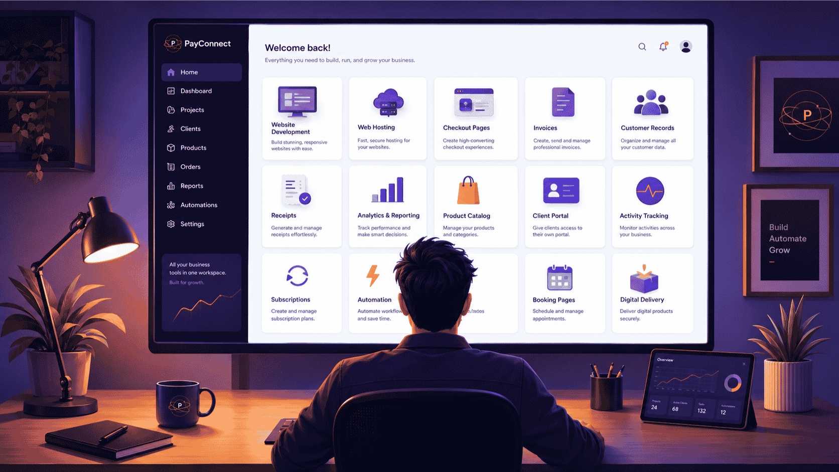 PayConnect workspace showing website development, hosting, checkout pages, invoices, customer records, analytics, client portal, booking pages, automation, and digital delivery tools